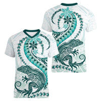Teal Maori Tuatara Women V-Neck T-Shirt Luxury Pastel Pattern