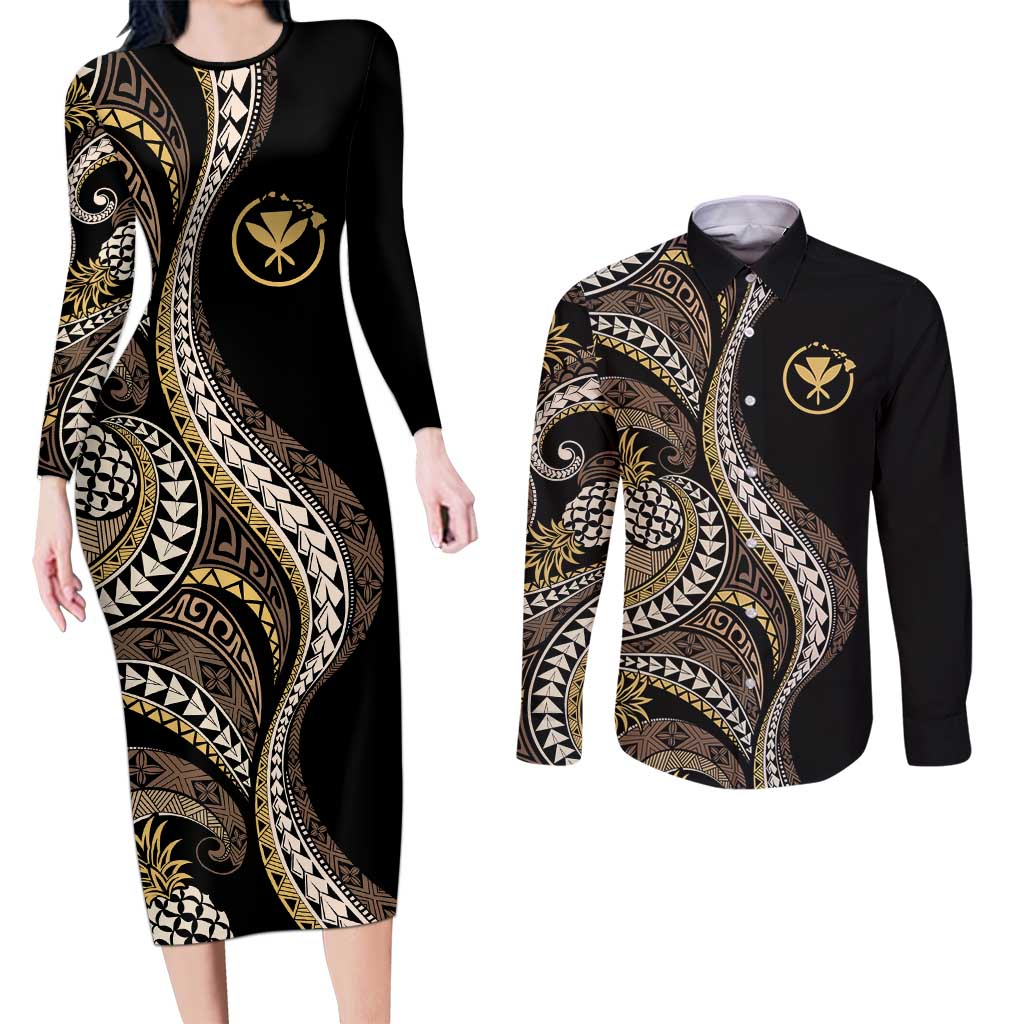 Hawaii Pineapple Brown Tribal Pattern Couples Matching Long Sleeve Bodycon Dress and Long Sleeve Button Shirt LT01 Brown - Polynesian Pride
