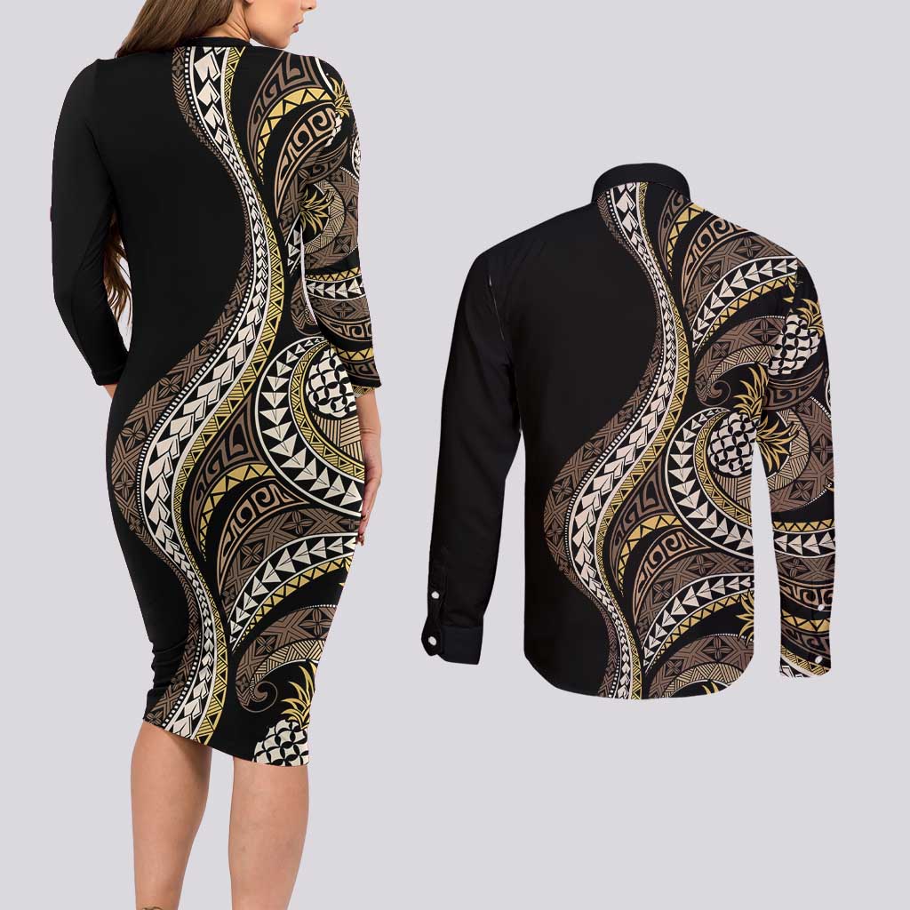 Hawaii Pineapple Brown Tribal Pattern Couples Matching Long Sleeve Bodycon Dress and Long Sleeve Button Shirt LT01 - Polynesian Pride