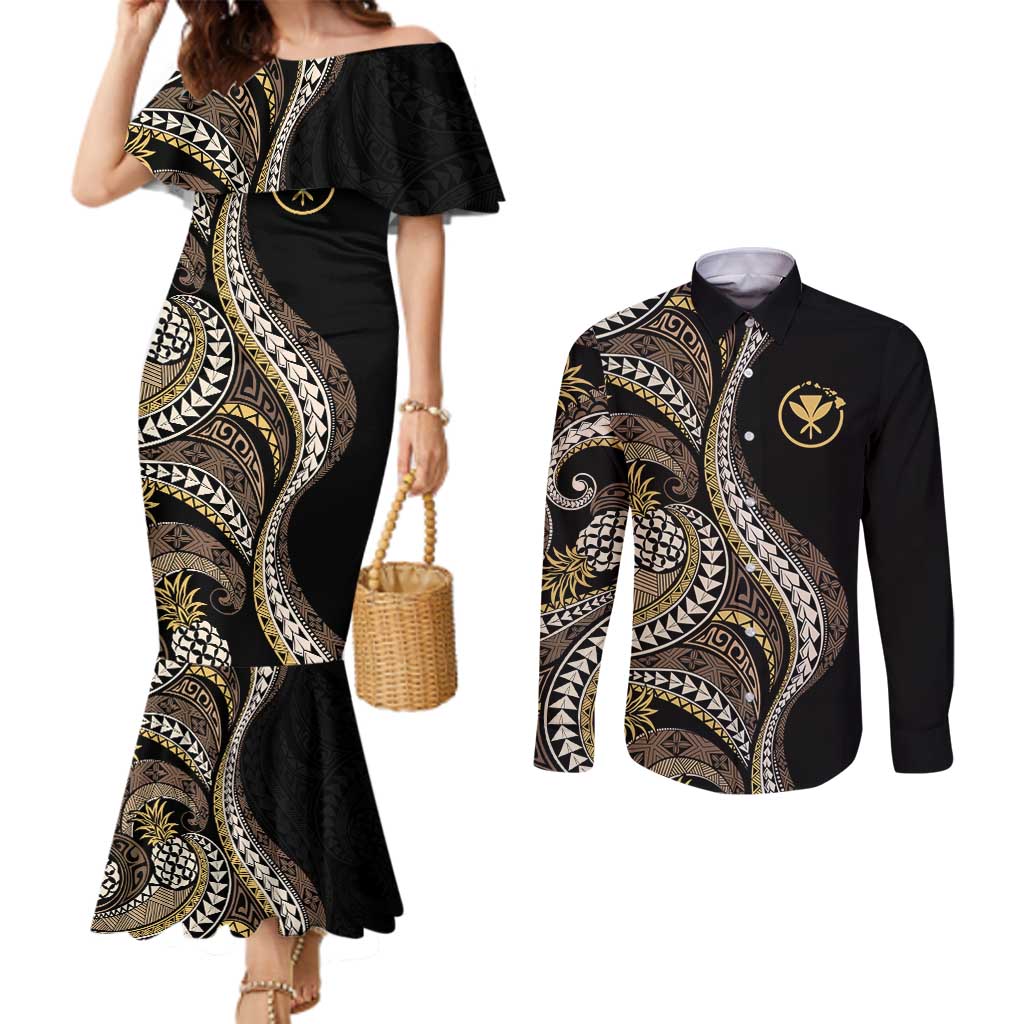 Hawaii Pineapple Brown Tribal Pattern Couples Matching Mermaid Dress and Long Sleeve Button Shirt LT01 Brown - Polynesian Pride