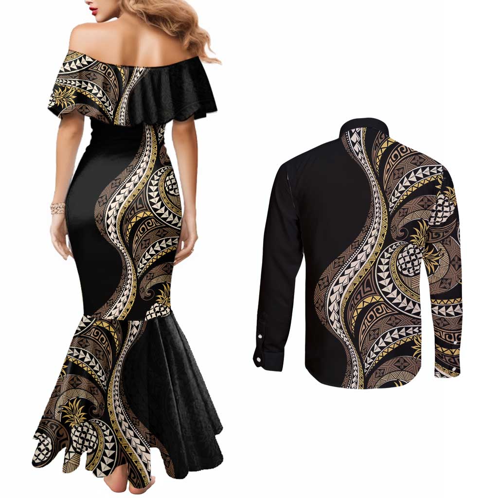 Hawaii Pineapple Brown Tribal Pattern Couples Matching Mermaid Dress and Long Sleeve Button Shirt LT01 - Polynesian Pride