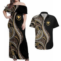 Hawaii Pineapple Brown Tribal Pattern Couples Matching Off Shoulder Maxi Dress and Hawaiian Shirt LT01 Brown - Polynesian Pride