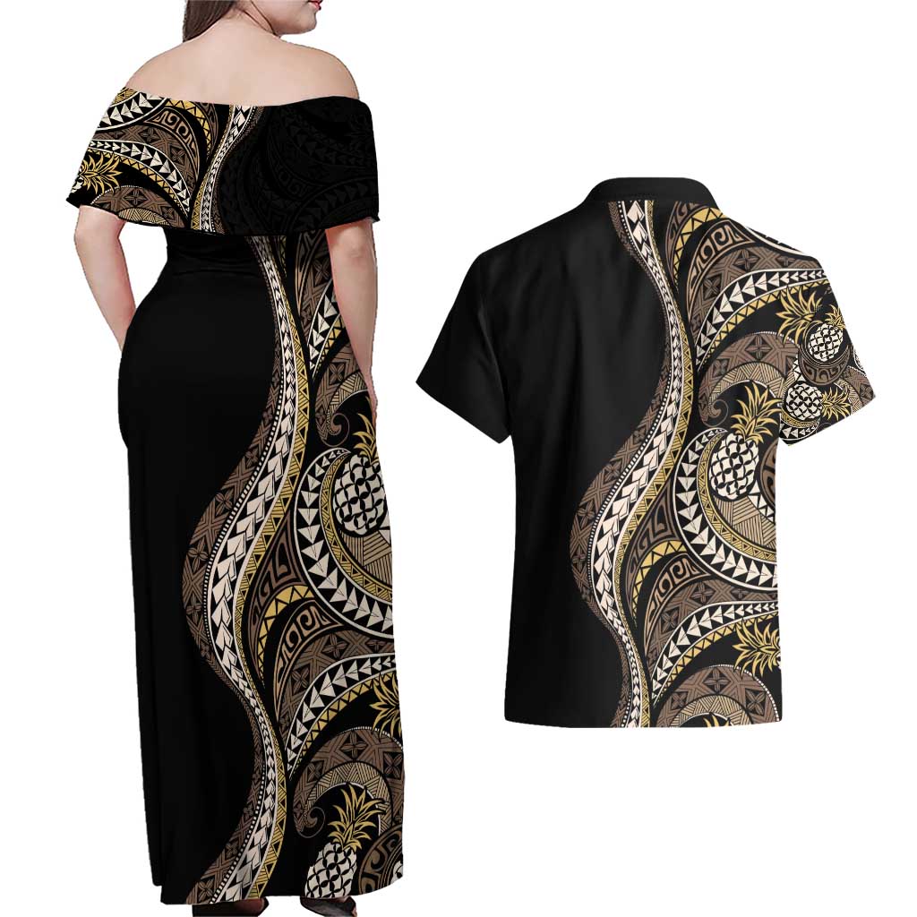 Hawaii Pineapple Brown Tribal Pattern Couples Matching Off Shoulder Maxi Dress and Hawaiian Shirt LT01 - Polynesian Pride