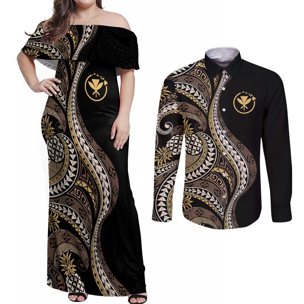 Hawaii Pineapple Brown Tribal Pattern Couples Matching Off Shoulder Maxi Dress and Long Sleeve Button Shirt LT01 Brown - Polynesian Pride