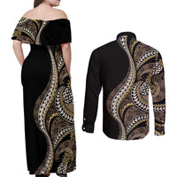 Hawaii Pineapple Brown Tribal Pattern Couples Matching Off Shoulder Maxi Dress and Long Sleeve Button Shirt LT01 - Polynesian Pride