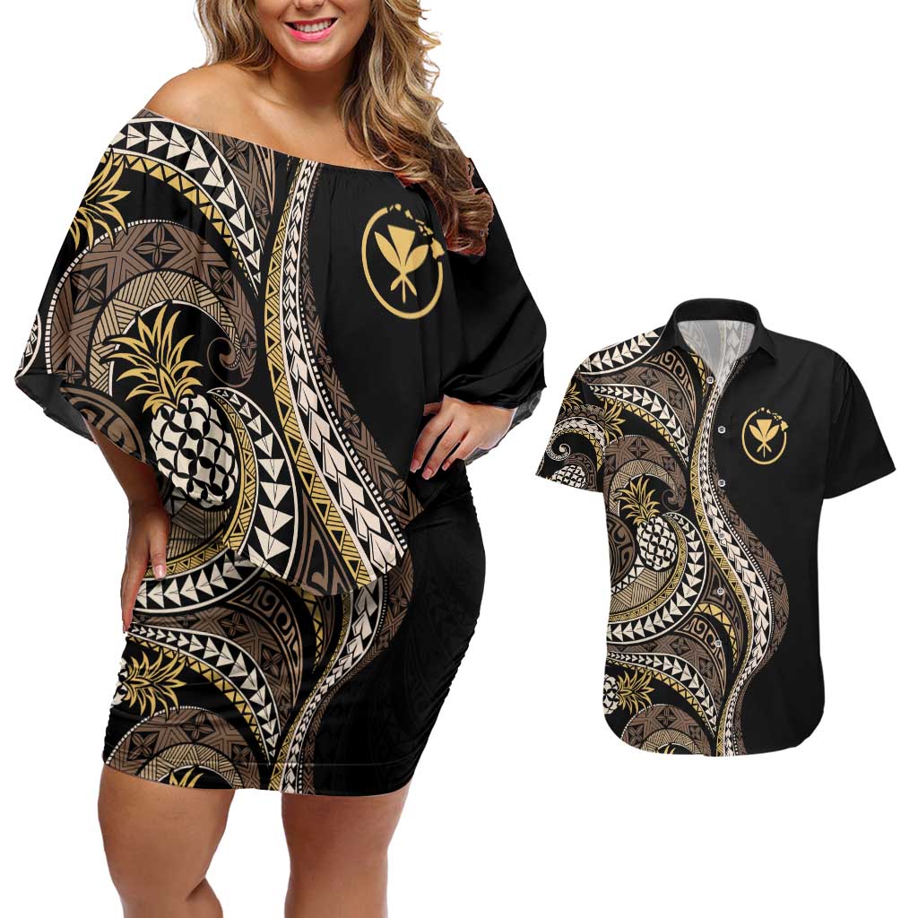 Hawaii Pineapple Brown Tribal Pattern Couples Matching Off Shoulder Short Dress and Hawaiian Shirt LT01 Brown - Polynesian Pride