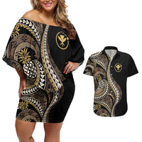 Hawaii Pineapple Brown Tribal Pattern Couples Matching Off Shoulder Short Dress and Hawaiian Shirt LT01 Brown - Polynesian Pride