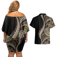 Hawaii Pineapple Brown Tribal Pattern Couples Matching Off Shoulder Short Dress and Hawaiian Shirt LT01 - Polynesian Pride