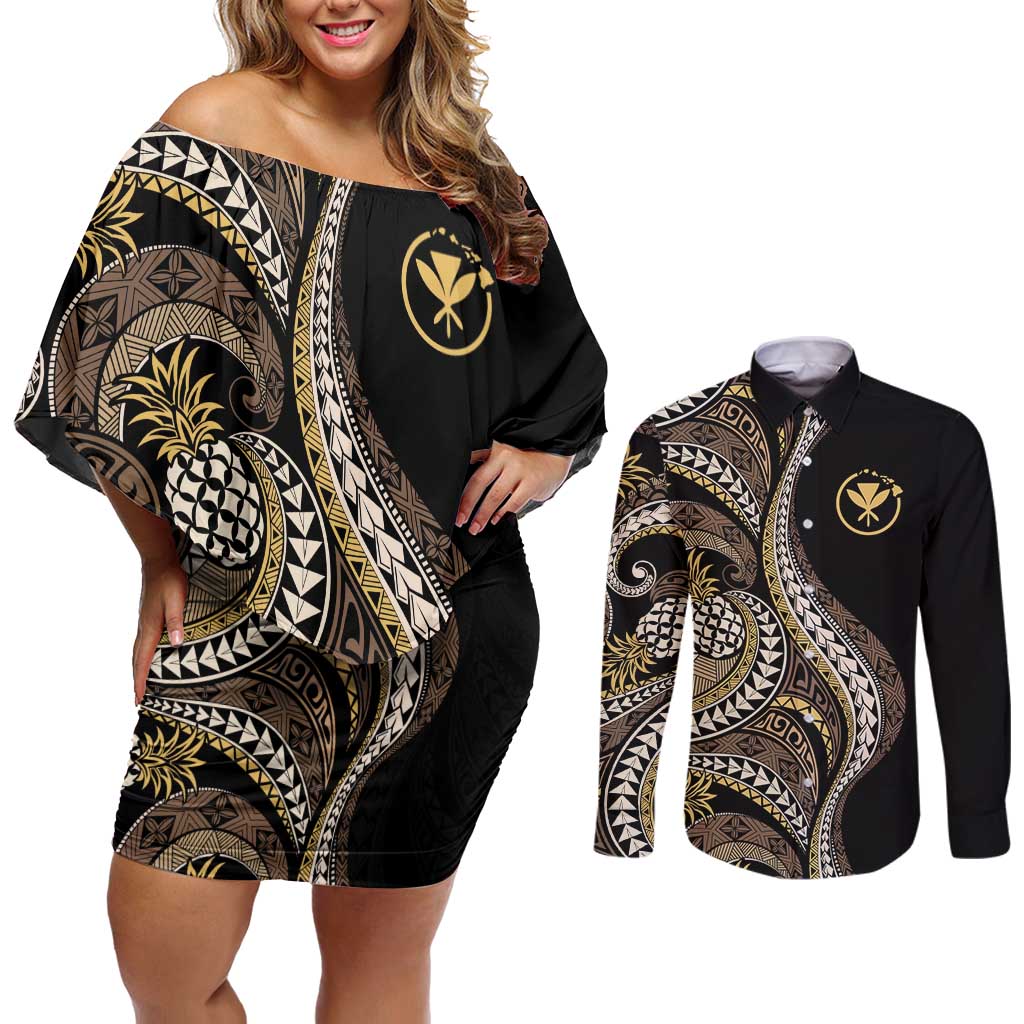 Hawaii Pineapple Brown Tribal Pattern Couples Matching Off Shoulder Short Dress and Long Sleeve Button Shirt LT01 Brown - Polynesian Pride