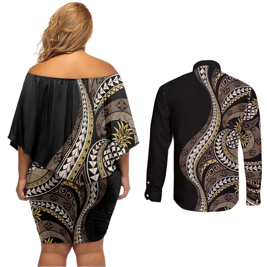 Hawaii Pineapple Brown Tribal Pattern Couples Matching Off Shoulder Short Dress and Long Sleeve Button Shirt LT01 - Polynesian Pride