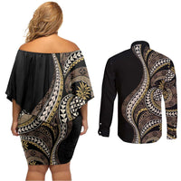 Hawaii Pineapple Brown Tribal Pattern Couples Matching Off Shoulder Short Dress and Long Sleeve Button Shirt LT01 - Polynesian Pride