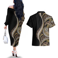 Hawaii Pineapple Brown Tribal Pattern Couples Matching Off The Shoulder Long Sleeve Dress and Hawaiian Shirt - Polynesian Pride