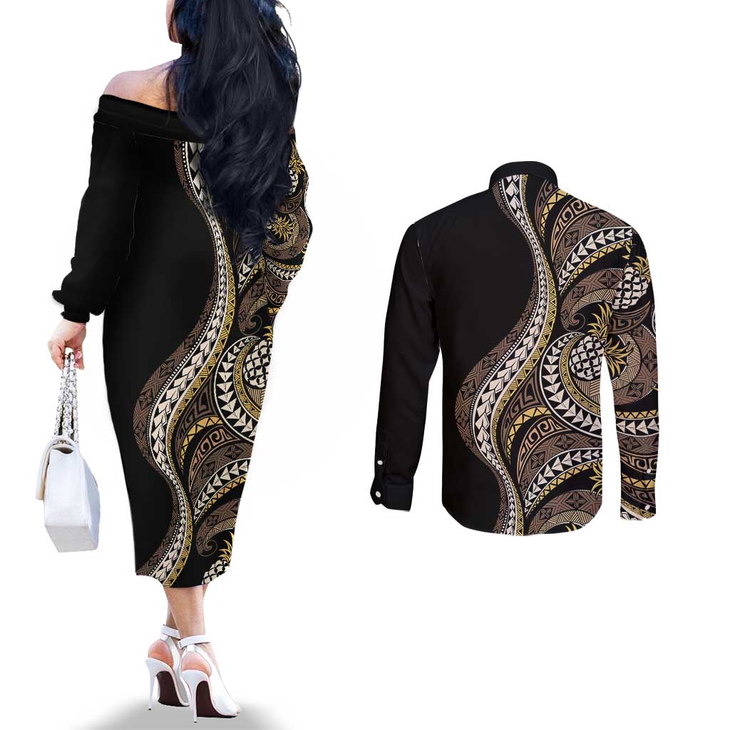 Hawaii Pineapple Brown Tribal Pattern Couples Matching Off The Shoulder Long Sleeve Dress and Long Sleeve Button Shirt - Polynesian Pride