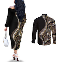 Hawaii Pineapple Brown Tribal Pattern Couples Matching Off The Shoulder Long Sleeve Dress and Long Sleeve Button Shirt - Polynesian Pride