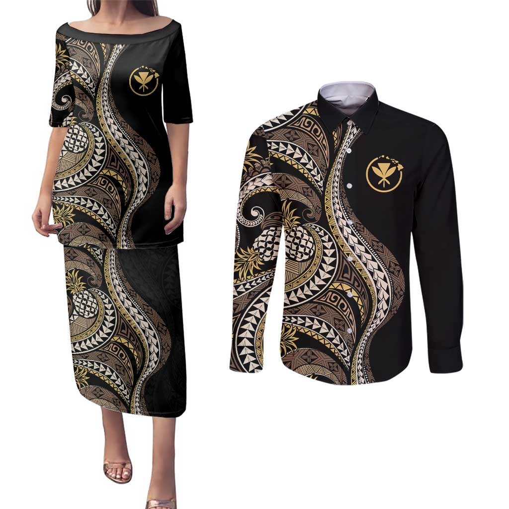 Hawaii Pineapple Brown Tribal Pattern Couples Matching Puletasi and Long Sleeve Button Shirt - Polynesian Pride