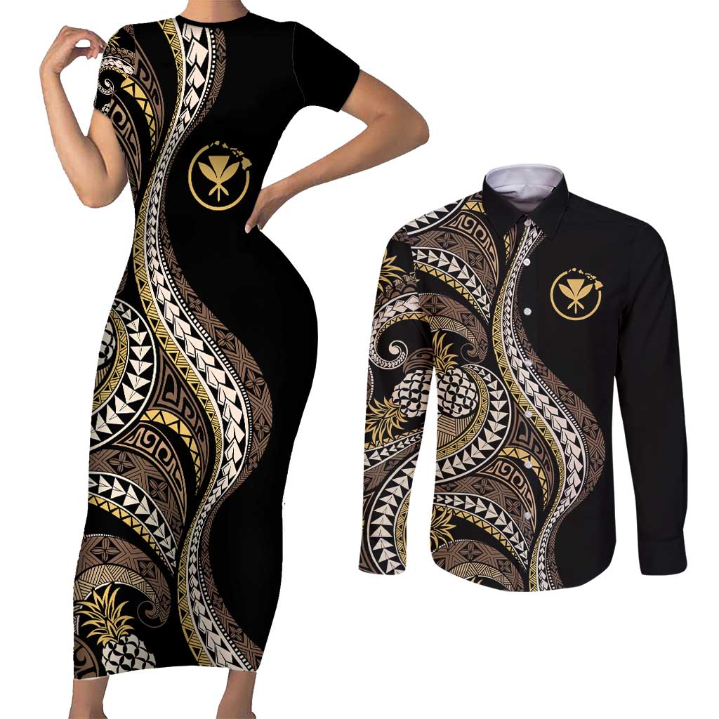 Hawaii Pineapple Brown Tribal Pattern Couples Matching Short Sleeve Bodycon Dress and Long Sleeve Button Shirt LT01 Brown - Polynesian Pride
