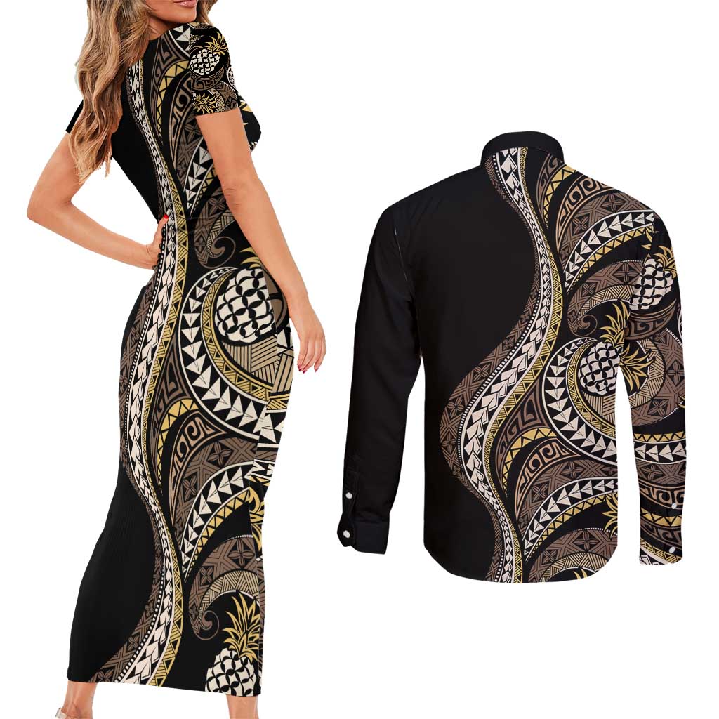 Hawaii Pineapple Brown Tribal Pattern Couples Matching Short Sleeve Bodycon Dress and Long Sleeve Button Shirt LT01 - Polynesian Pride