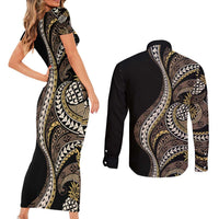 Hawaii Pineapple Brown Tribal Pattern Couples Matching Short Sleeve Bodycon Dress and Long Sleeve Button Shirt LT01 - Polynesian Pride