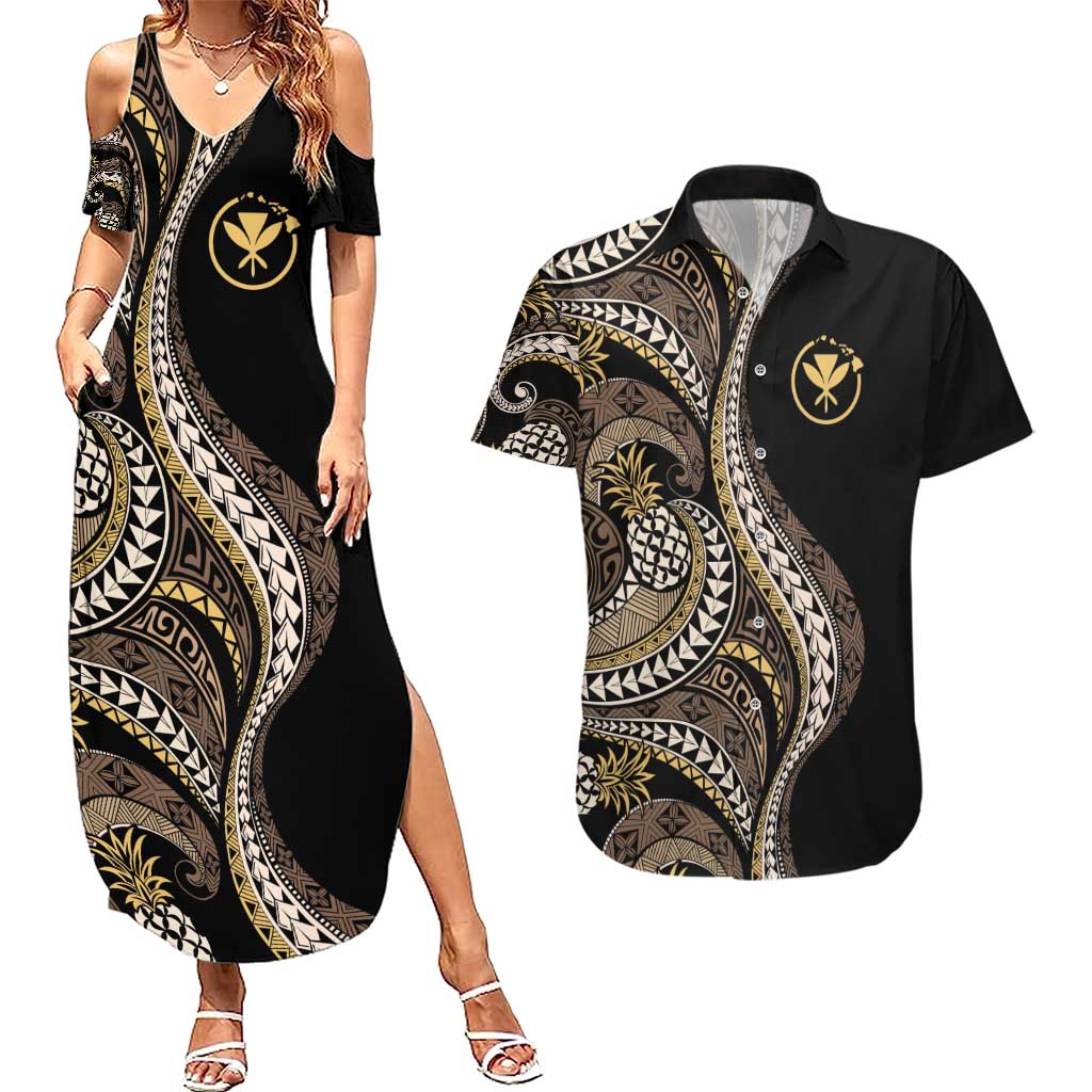 Hawaii Pineapple Brown Tribal Pattern Couples Matching Summer Maxi Dress and Hawaiian Shirt - Polynesian Pride