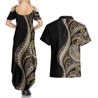 Hawaii Pineapple Brown Tribal Pattern Couples Matching Summer Maxi Dress and Hawaiian Shirt LT01 - Polynesian Pride