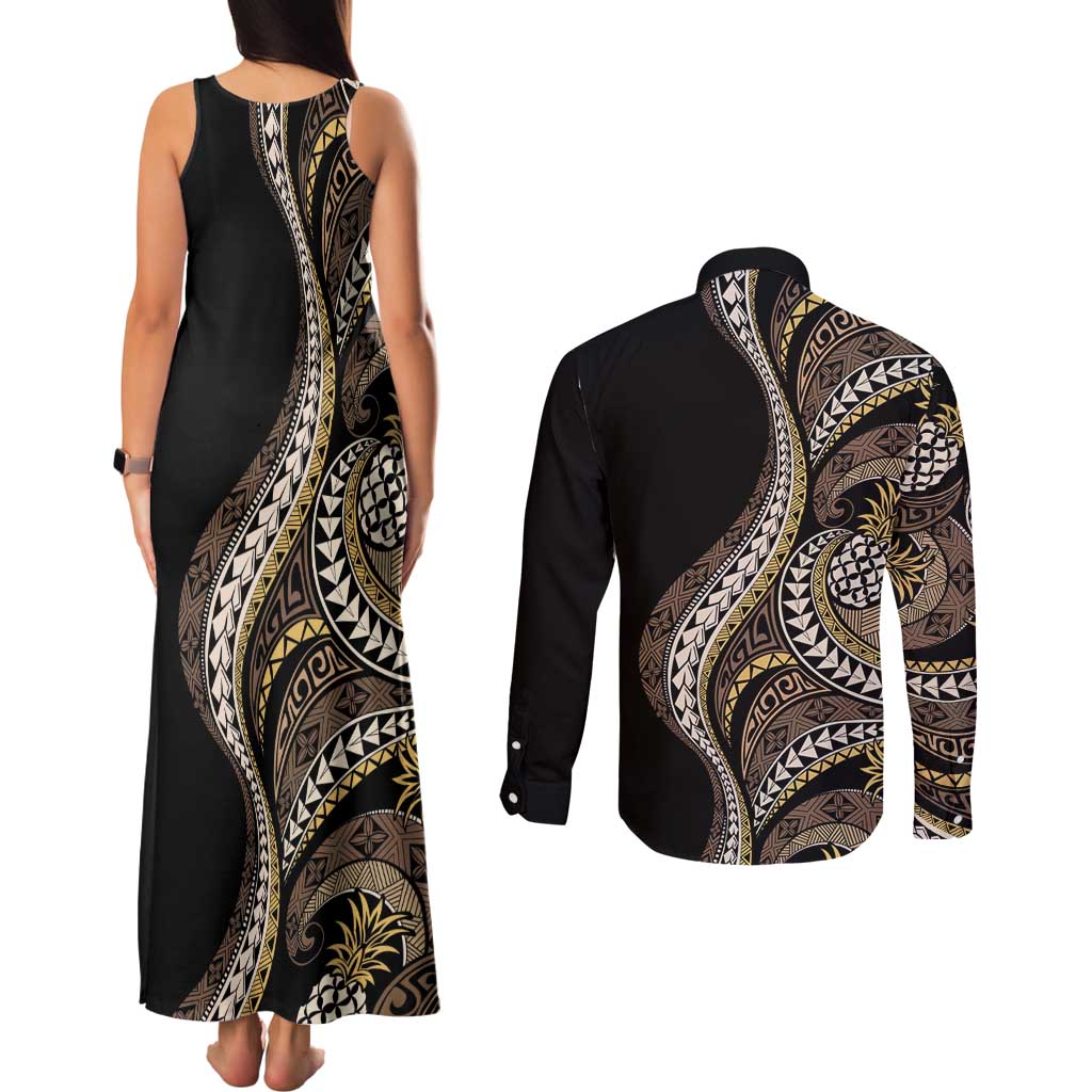 Hawaii Pineapple Brown Tribal Pattern Couples Matching Tank Maxi Dress and Long Sleeve Button Shirt LT01 - Polynesian Pride