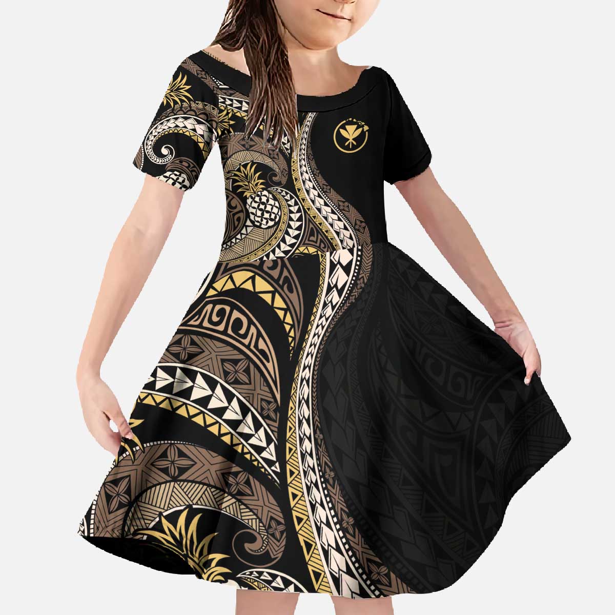 Hawaii Pineapple Brown Tribal Pattern Family Matching Off The Shoulder Long Sleeve Dress and Hawaiian Shirt - Polynesian Pride