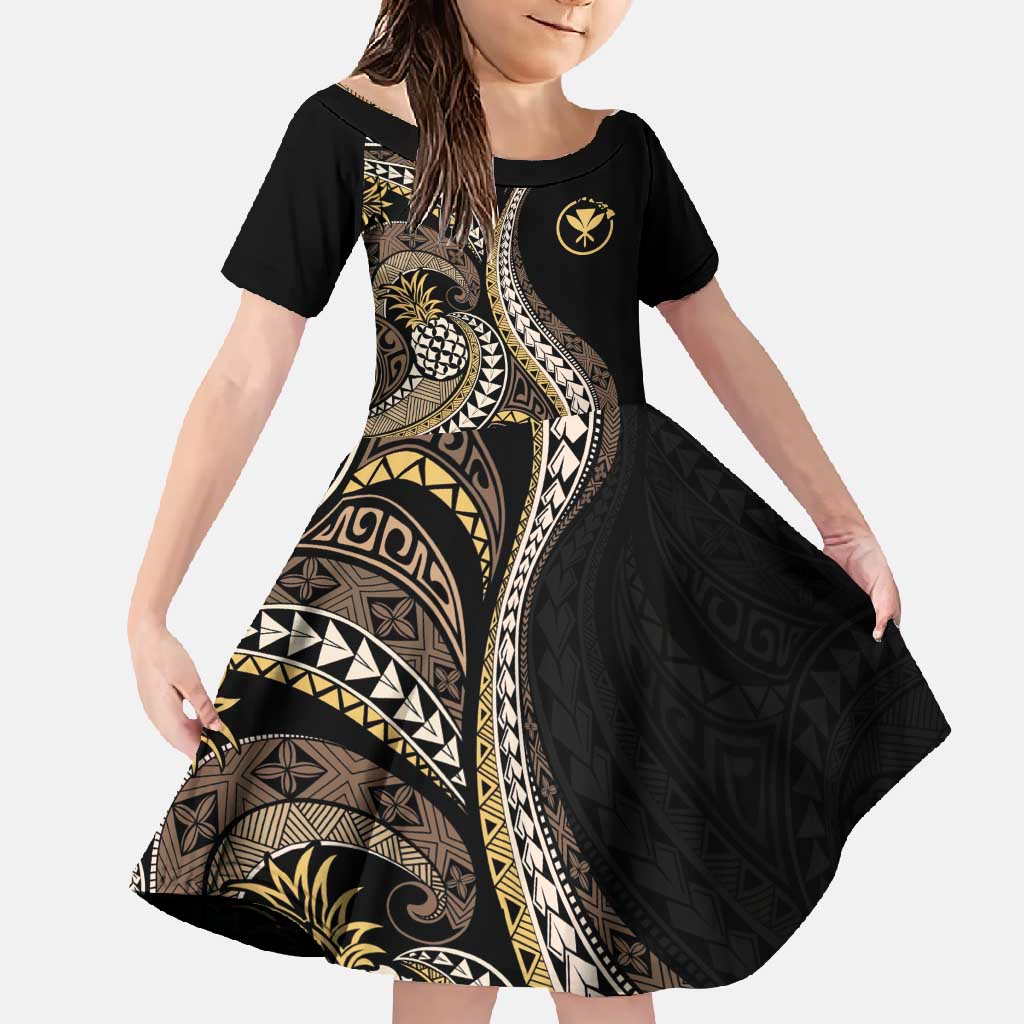Hawaii Pineapple Brown Tribal Pattern Family Matching Off Shoulder Maxi Dress and Hawaiian Shirt LT01 Daughter's Dress Brown - Polynesian Pride