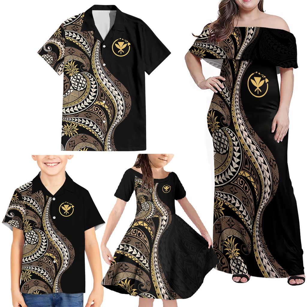 Hawaii Pineapple Brown Tribal Pattern Family Matching Off Shoulder Maxi Dress and Hawaiian Shirt LT01 - Polynesian Pride