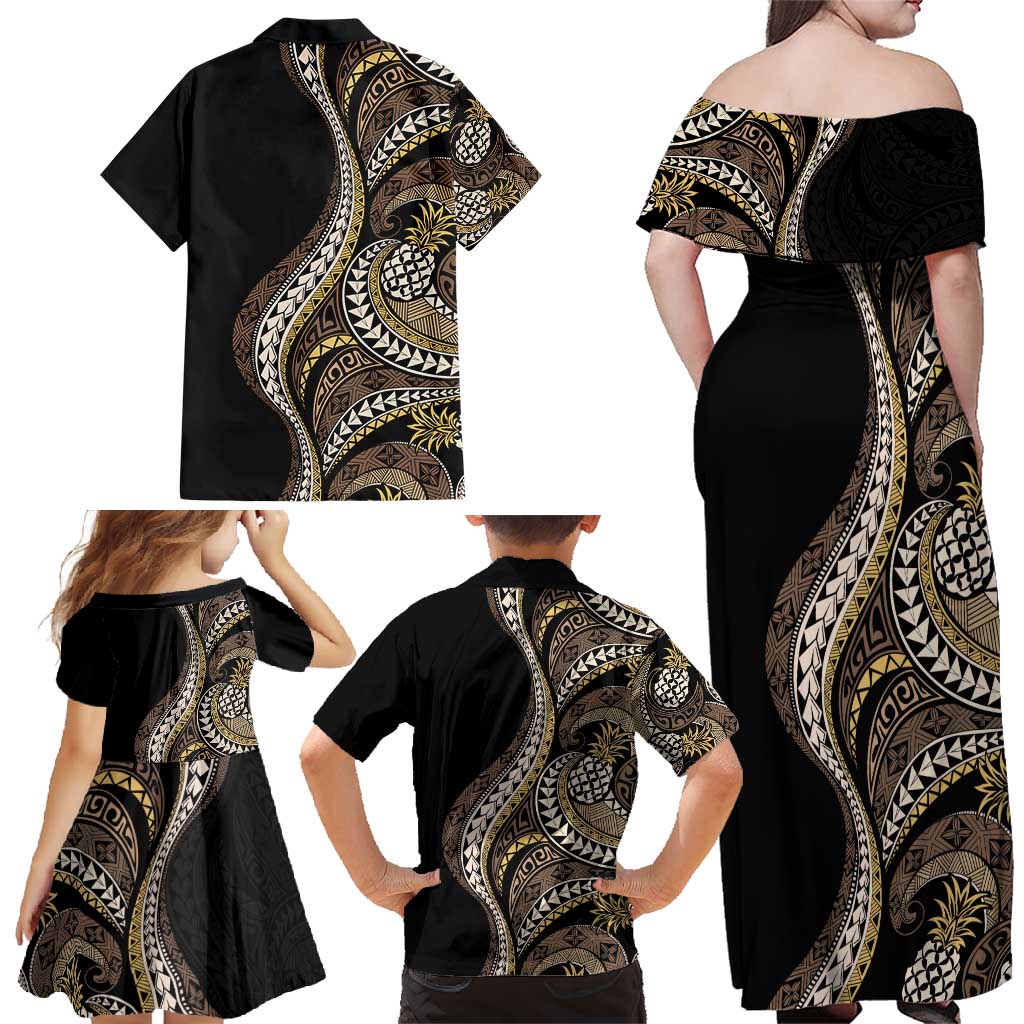 Hawaii Pineapple Brown Tribal Pattern Family Matching Off Shoulder Maxi Dress and Hawaiian Shirt LT01 - Polynesian Pride