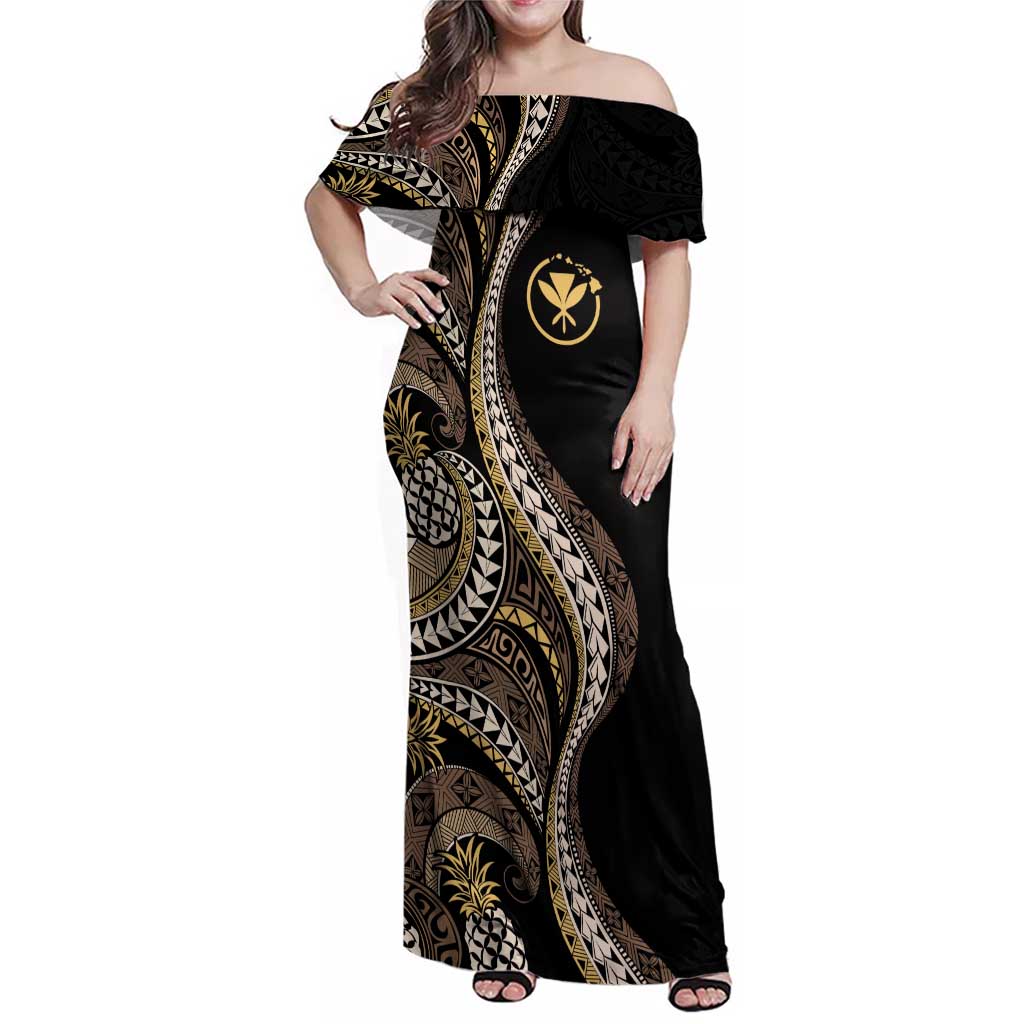 Hawaii Pineapple Brown Tribal Pattern Family Matching Off Shoulder Maxi Dress and Hawaiian Shirt LT01 Mom's Dress Brown - Polynesian Pride