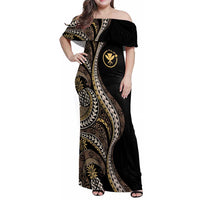 Hawaii Pineapple Brown Tribal Pattern Family Matching Off Shoulder Maxi Dress and Hawaiian Shirt LT01 Mom's Dress Brown - Polynesian Pride