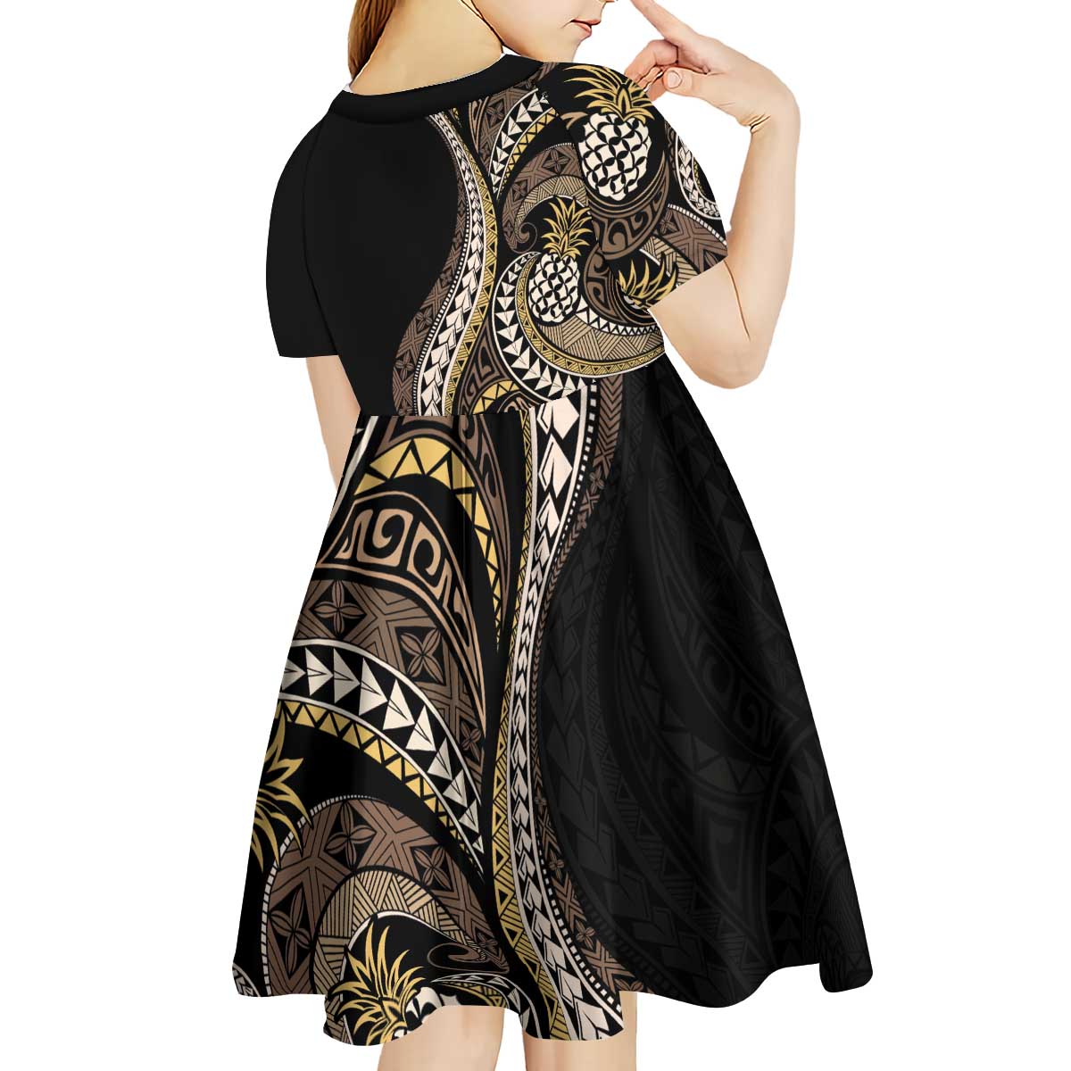 Hawaii Pineapple Brown Tribal Pattern Kid Short Sleeve Dress - Polynesian Pride