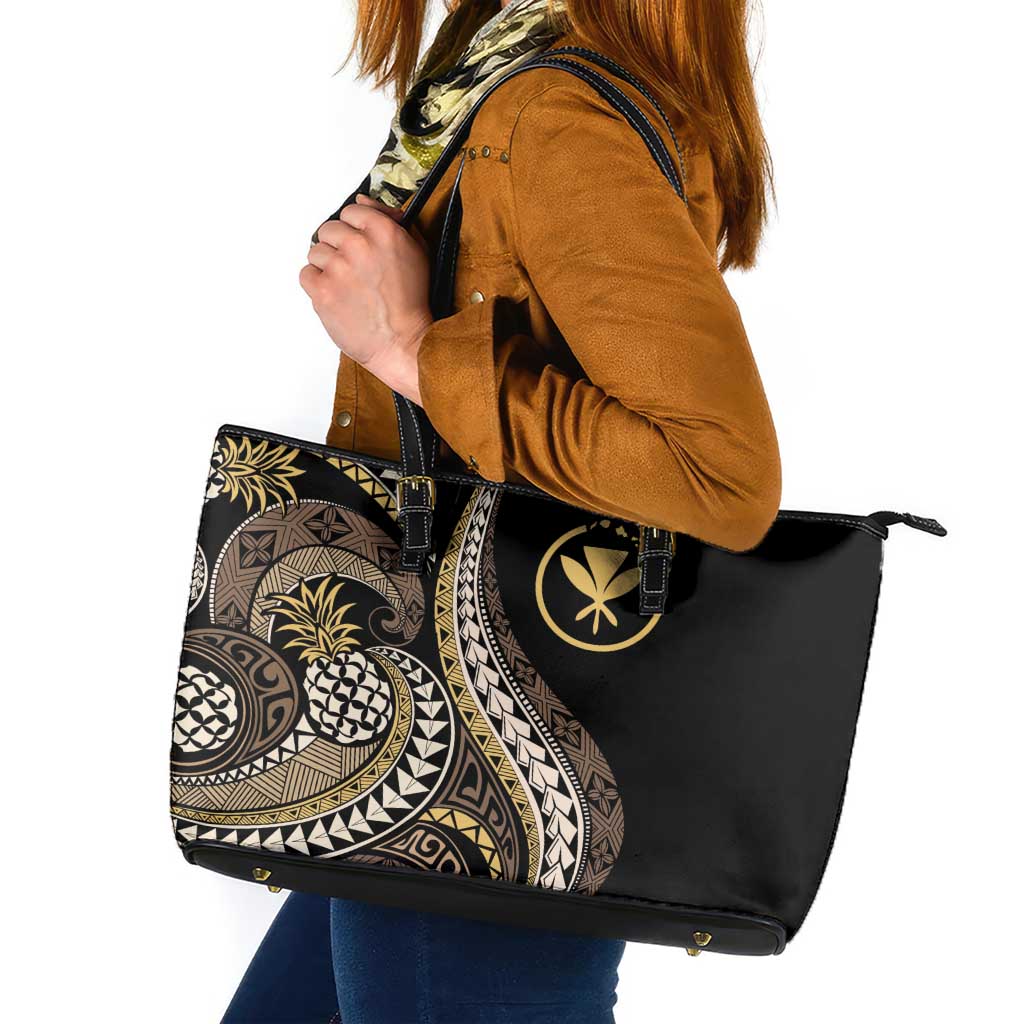 Hawaii Pineapple Brown Tribal Pattern Leather Tote Bag LT01 Brown - Polynesian Pride