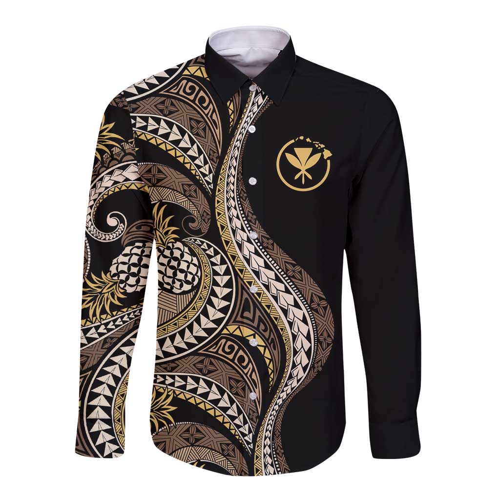 Hawaii Pineapple Brown Tribal Pattern Long Sleeve Button Shirt - Polynesian Pride