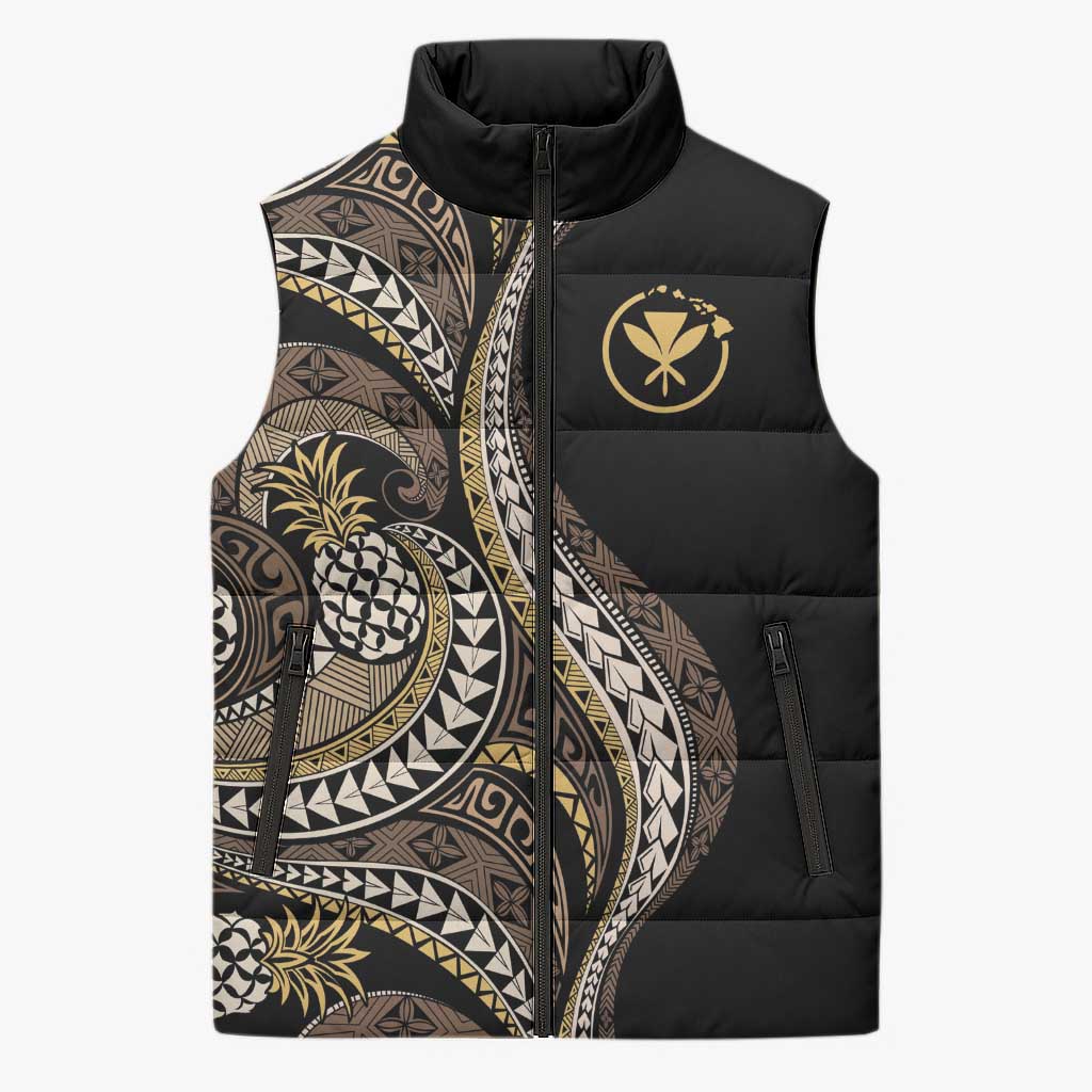 Hawaii Pineapple Brown Tribal Pattern Sleeveless Puffer Jacket - Polynesian Pride