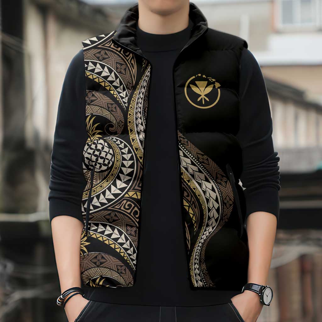 Hawaii Pineapple Brown Tribal Pattern Sleeveless Puffer Jacket - Polynesian Pride