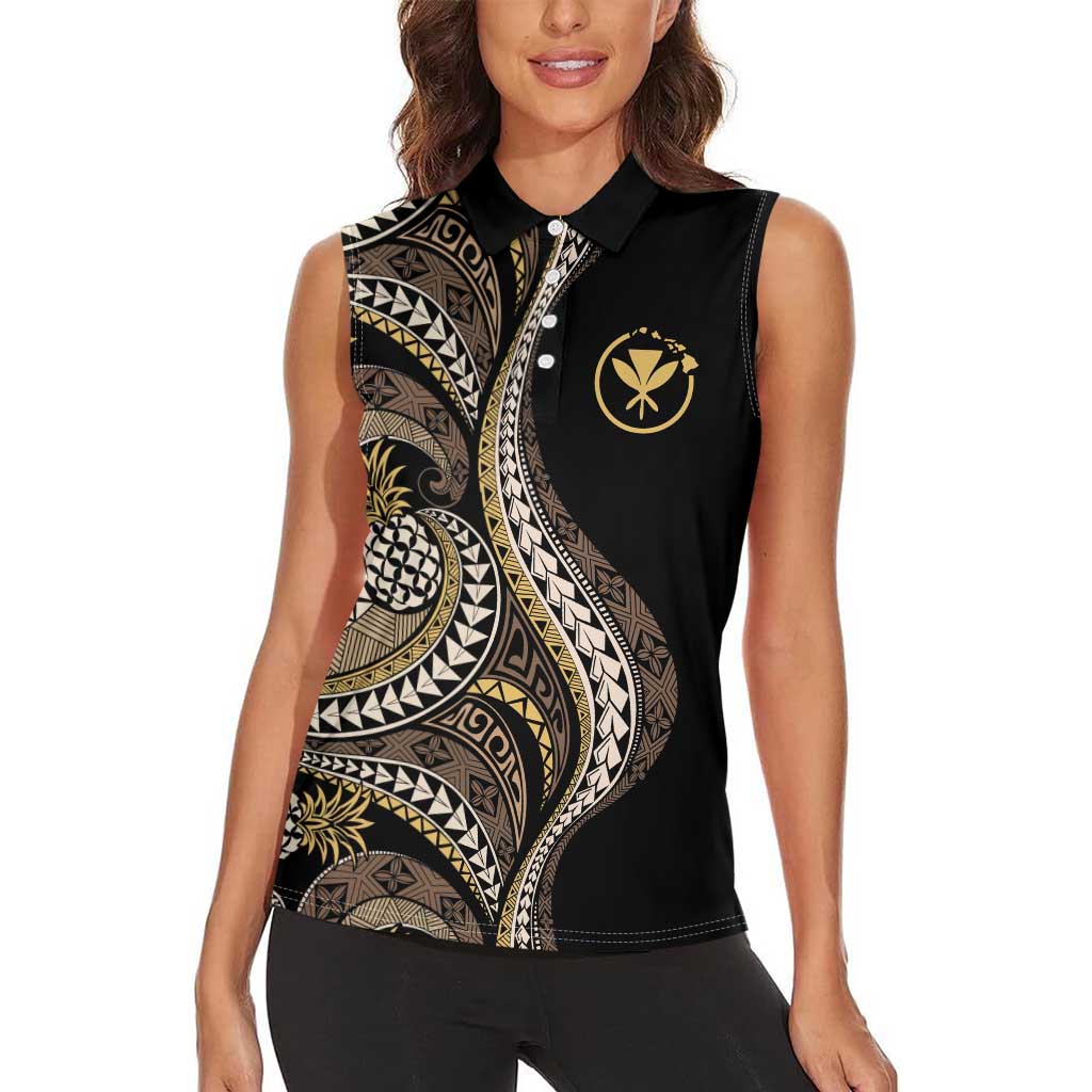 Hawaii Pineapple Brown Tribal Pattern Women Sleeveless Polo Shirt - Polynesian Pride