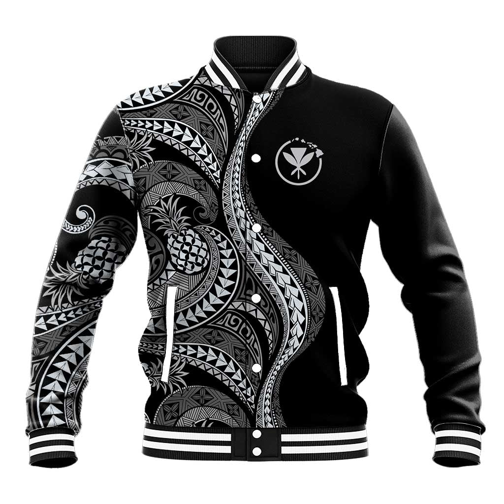 Hawaii Pineapple Gray Scale Tribal Pattern Baseball Jacket - Polynesian Pride