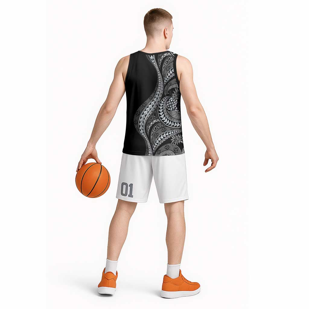 Hawaii Pineapple Gray Scale Tribal Pattern Basketball Jersey - Polynesian Pride