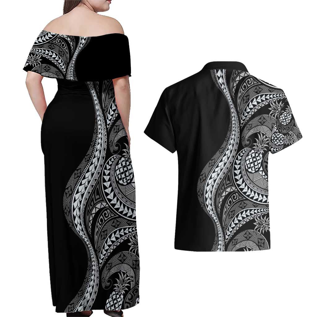 Hawaii Pineapple Gray Scale Tribal Pattern Couples Matching Off Shoulder Maxi Dress and Hawaiian Shirt LT01 - Polynesian Pride