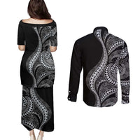 Hawaii Pineapple Gray Scale Tribal Pattern Couples Matching Puletasi and Long Sleeve Button Shirt - Polynesian Pride
