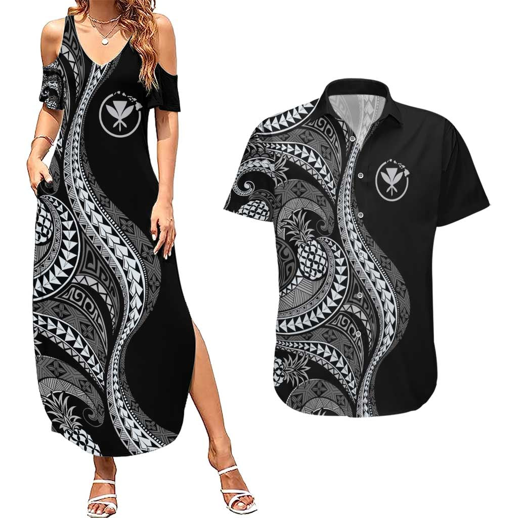 Hawaii Pineapple Gray Scale Tribal Pattern Couples Matching Summer Maxi Dress and Hawaiian Shirt LT01 Black - Polynesian Pride