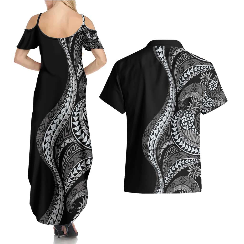 Hawaii Pineapple Gray Scale Tribal Pattern Couples Matching Summer Maxi Dress and Hawaiian Shirt LT01 - Polynesian Pride