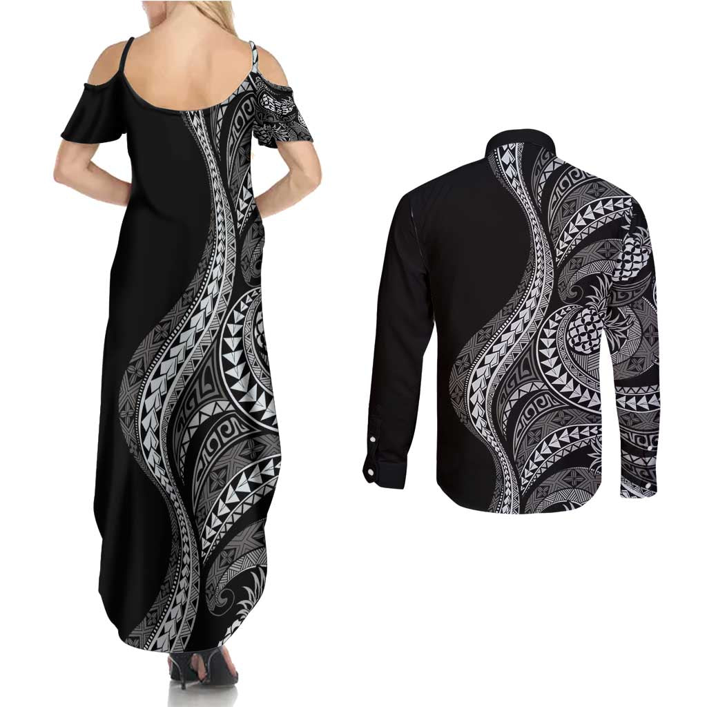 Hawaii Pineapple Gray Scale Tribal Pattern Couples Matching Summer Maxi Dress and Long Sleeve Button Shirt - Polynesian Pride