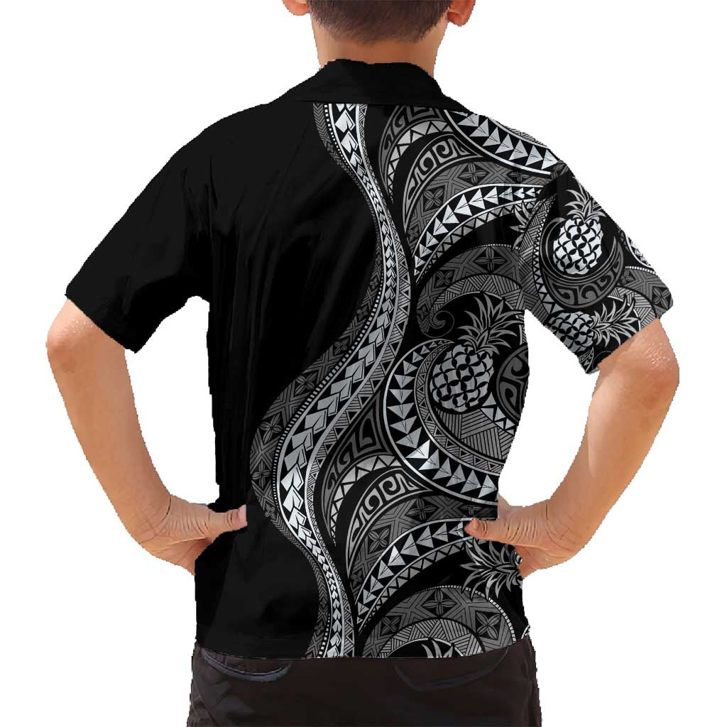 Hawaii Pineapple Gray Scale Tribal Pattern Family Matching Long Sleeve Bodycon Dress and Hawaiian Shirt - Polynesian Pride