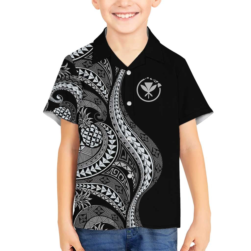 Hawaii Pineapple Gray Scale Tribal Pattern Family Matching Long Sleeve Bodycon Dress and Hawaiian Shirt - Polynesian Pride