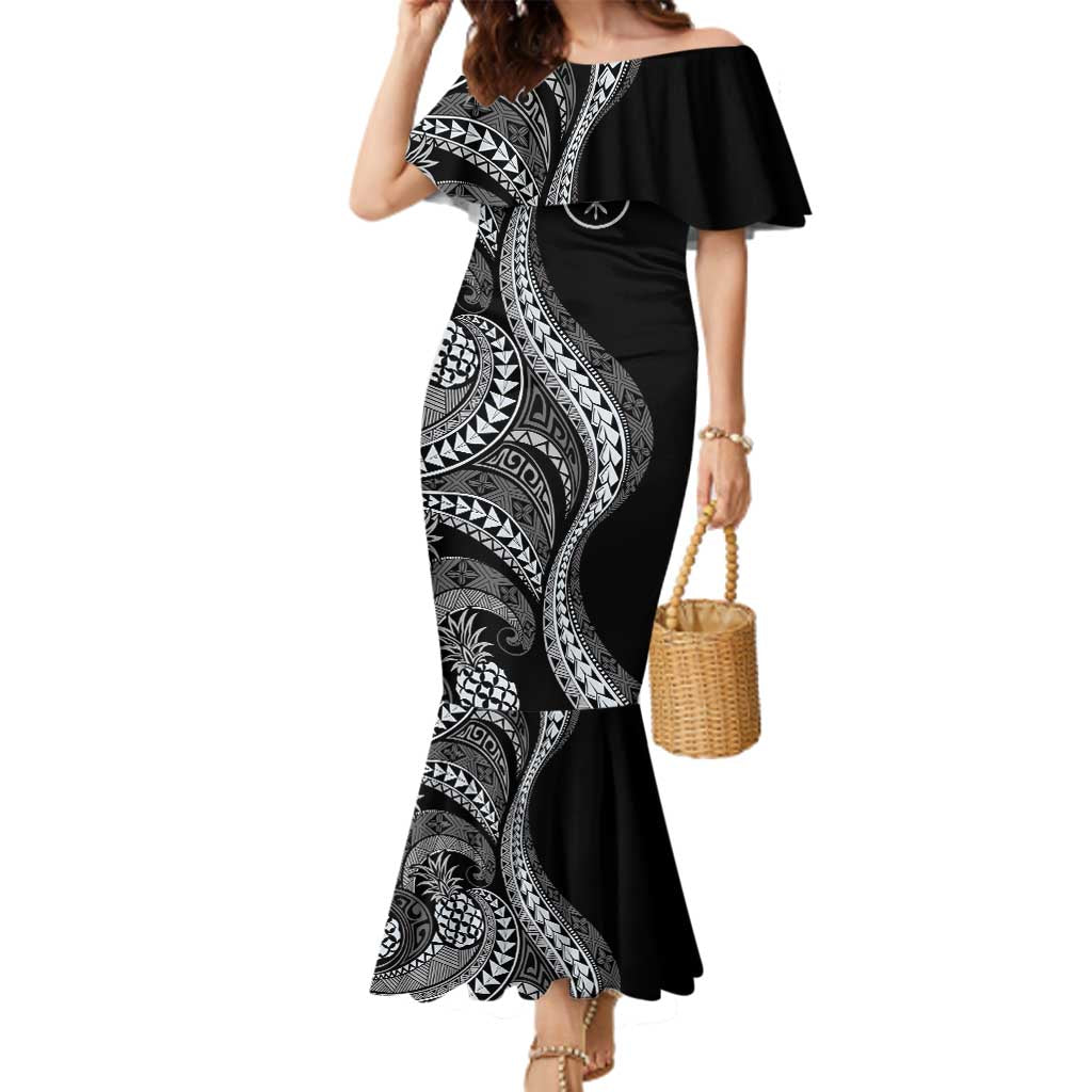 Hawaii Pineapple Gray Scale Tribal Pattern Family Matching Mermaid Dress and Hawaiian Shirt - Polynesian Pride