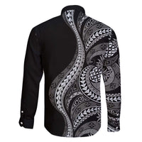 Hawaii Pineapple Gray Scale Tribal Pattern Family Matching Off The Shoulder Long Sleeve Dress and Hawaiian Shirt - Polynesian Pride