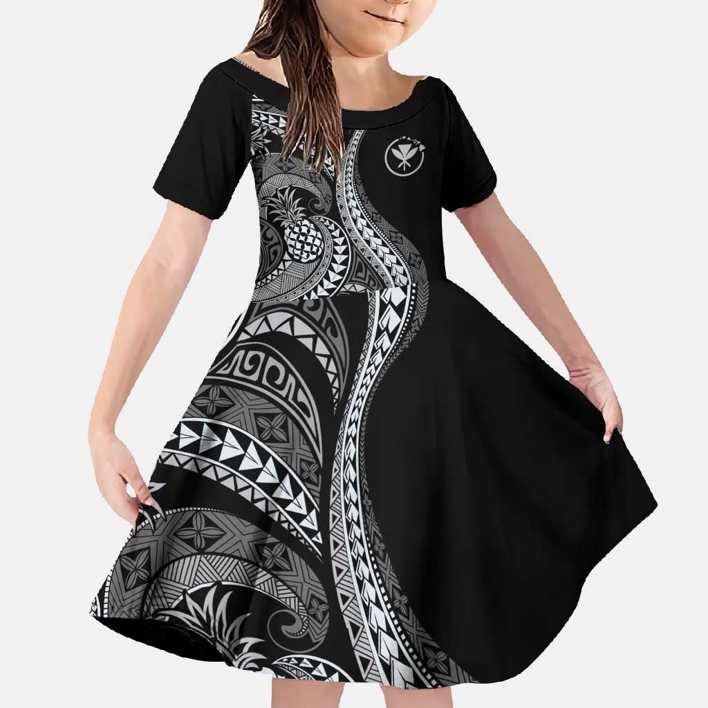 Hawaii Pineapple Gray Scale Tribal Pattern Family Matching Off Shoulder Maxi Dress and Hawaiian Shirt - Polynesian Pride