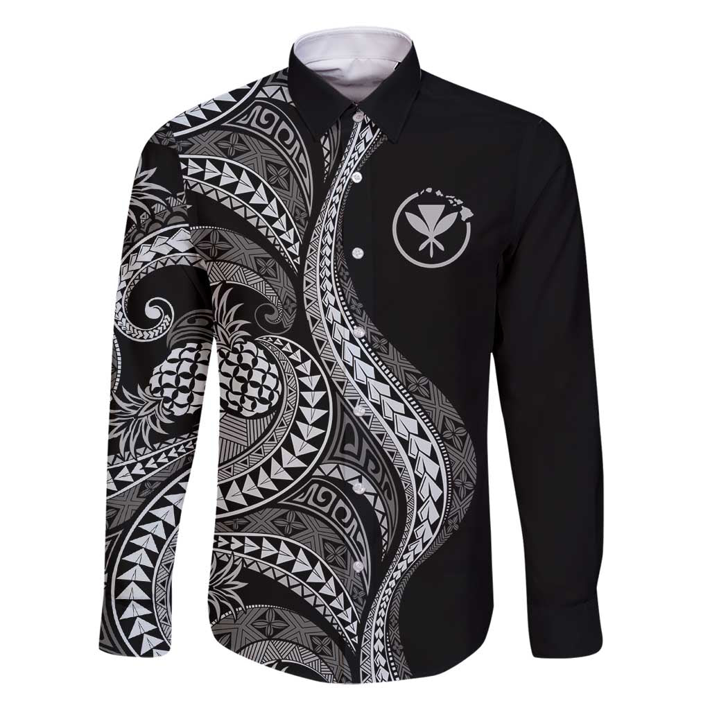 Hawaii Pineapple Gray Scale Tribal Pattern Family Matching Off Shoulder Maxi Dress and Hawaiian Shirt - Polynesian Pride